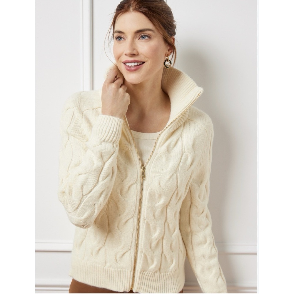Talbots CABLE KNIT ZIP FRONT CARDIGAN Sweater Ivory Cream Mock Neck Size M EUC